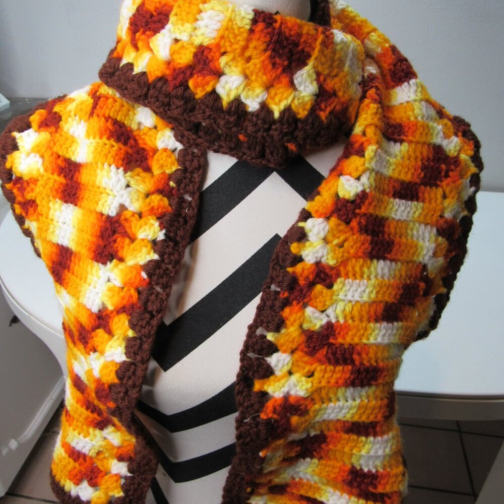 Retro Crochet Handmade Long Granny Square Scarf Multicolored Boho Style Hippie